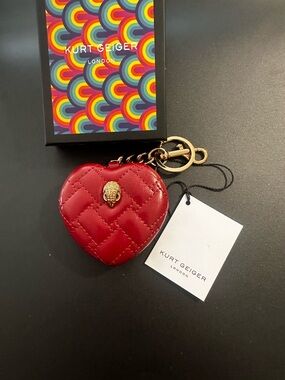 Kurt Geiger Red Quilted Heart Double Sided Keyring Mirror with Gold Hardware